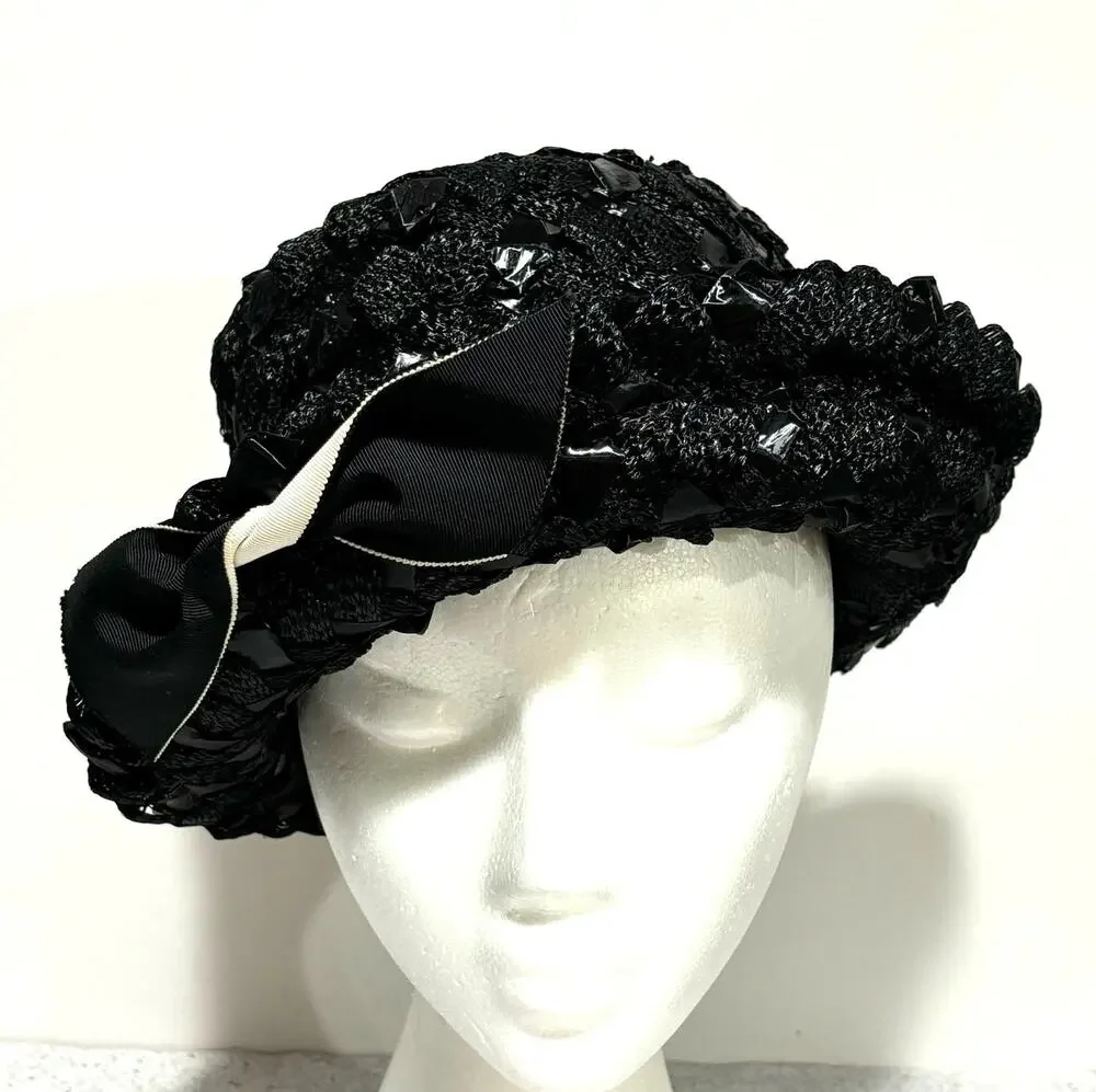 Ladies black straw fedora hat woven white hatband trim bow dressy mid century